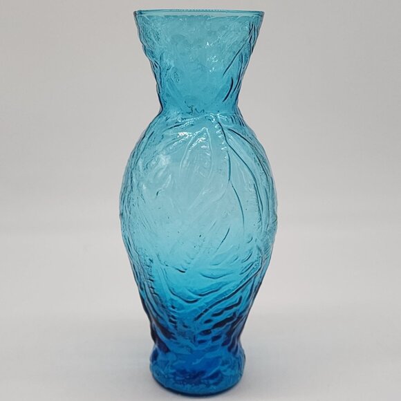 Vintage Ingrid Germany Blue Textured Glass Vase With Leaf Design 8-3/4' - Picture 1 of 7